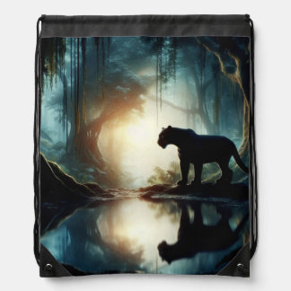Black Panther Reflected in Pool of Water in Jungle Drawstring Bag