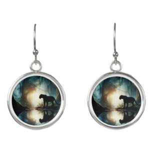 Black Panther Reflected in Pool of Water in Jungle Earrings