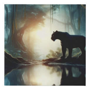 Black Panther Reflected in Pool of Water in Jungle Faux Canvas Print