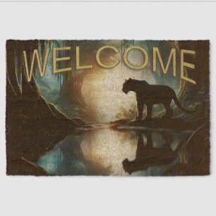 Black Panther Reflected in Pool of Water in Jungle Fiber Doormat