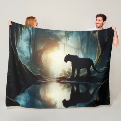 Black Panther Reflected in Pool of Water in Jungle