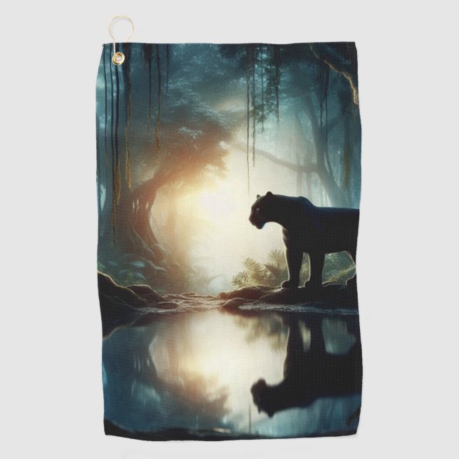 Black Panther Reflected in Pool of Water in Jungle Golf Towel (Front)