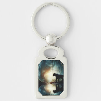 Black Panther Reflected in Pool of Water in Jungle Keychain
