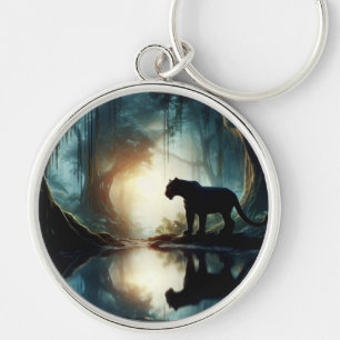 Black Panther Reflected in Pool of Water in Jungle Keychain