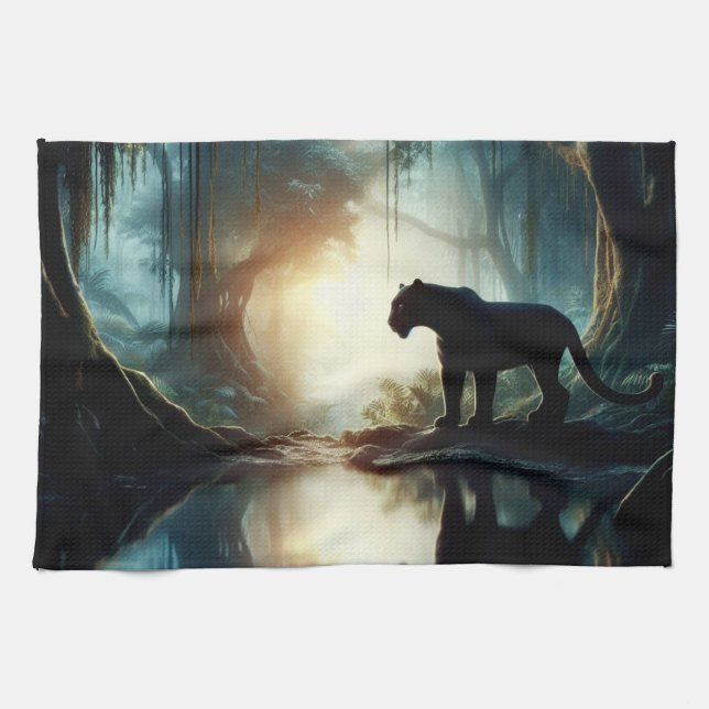Black Panther Reflected in Pool of Water in Jungle Kitchen Towel (Horizontal)
