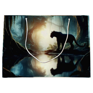 Black Panther Reflected in Pool of Water in Jungle Large Gift Bag