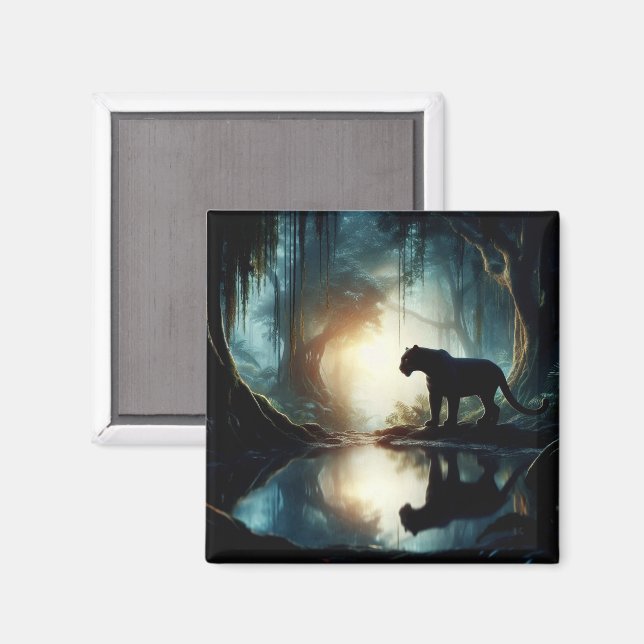 Black Panther Reflected in Pool of Water in Jungle Magnet (Front/Back)