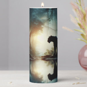 Black Panther Reflected in Pool of Water in Jungle Pillar Candle