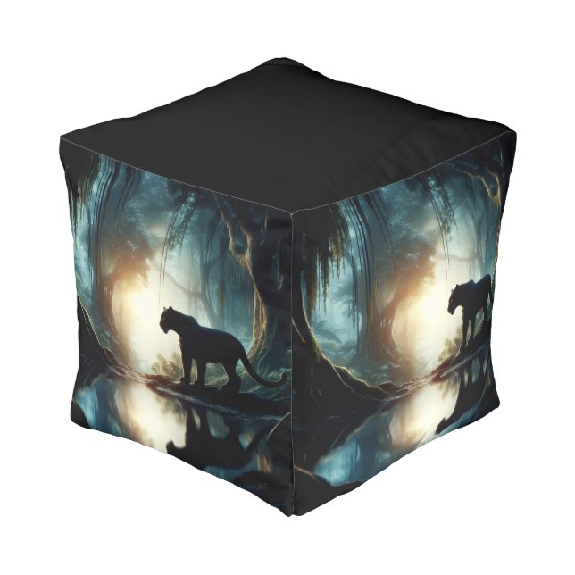 Black Panther Reflected in Pool of Water in Jungle Pouf (Angled Back)