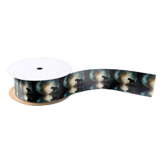 Black Panther Reflected in Pool of Water in Jungle Satin Ribbon