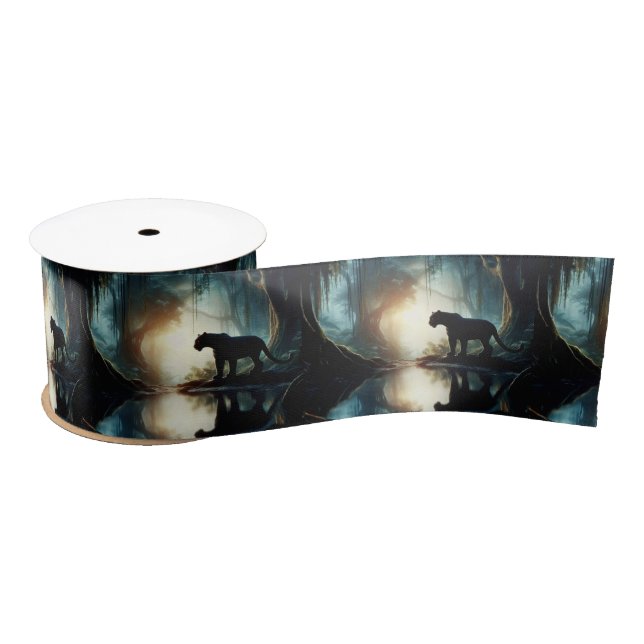 Black Panther Reflected in Pool of Water in Jungle Satin Ribbon (Spool)