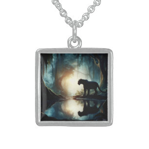 Black Panther Reflected in Pool of Water in Jungle Sterling Silver Necklace