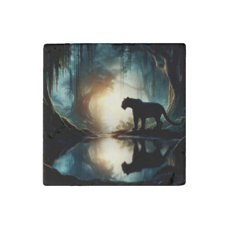 Black Panther Reflected in Pool of Water in Jungle Stone Magnet