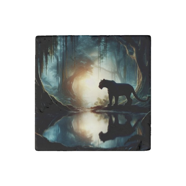 Black Panther Reflected in Pool of Water in Jungle Stone Magnet (Front)