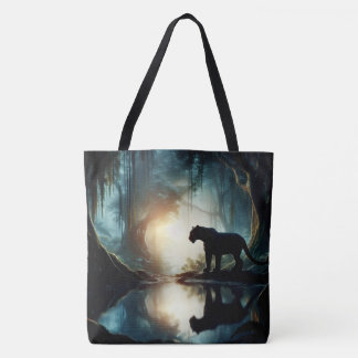 Black Panther Reflected in Pool of Water in Jungle Tote Bag
