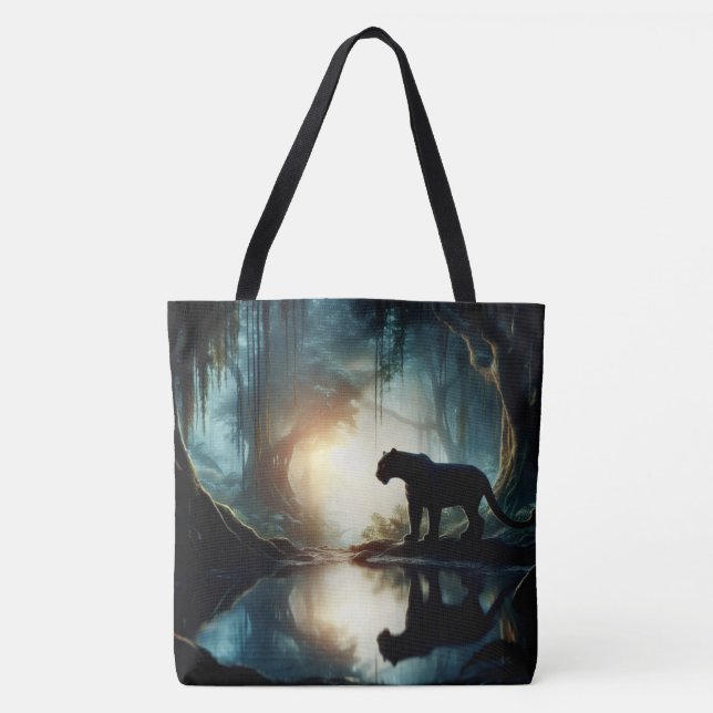 Black Panther Reflected in Pool of Water in Jungle Tote Bag (Front)