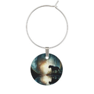 Black Panther Reflected in Pool of Water in Jungle Wine Charm