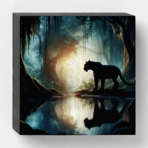 Black Panther Reflected in Pool of Water in Jungle Wooden Box Sign