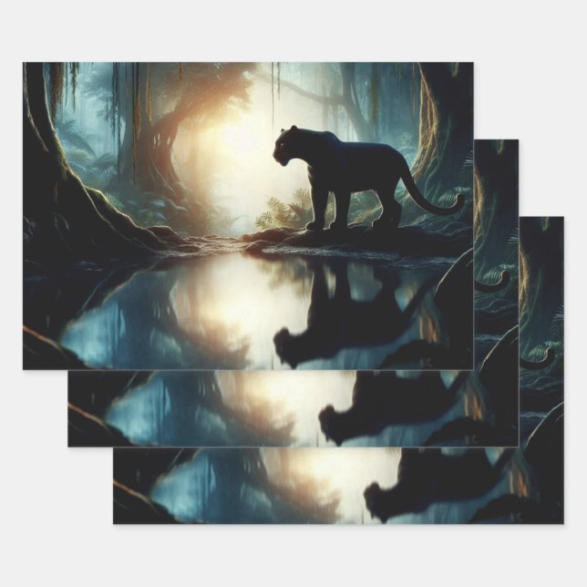 Black Panther Reflected in Pool of Water in Jungle Wrapping Paper Sheets (Set)