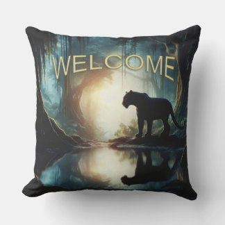 Black Panther Reflected in Pool of Water Welcome Outdoor Pillow