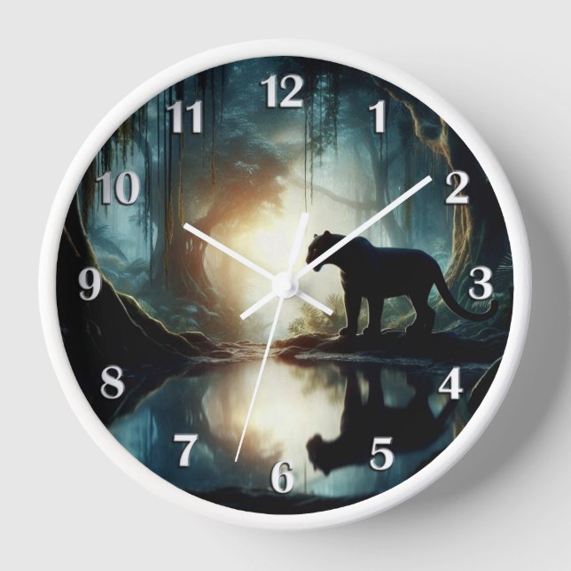 Black Panther Reflected in Pool White Numbers Clock (Front)