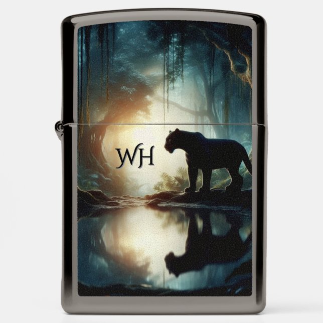 Black Panther Reflected in Water Monogram Zippo Lighter (Front)