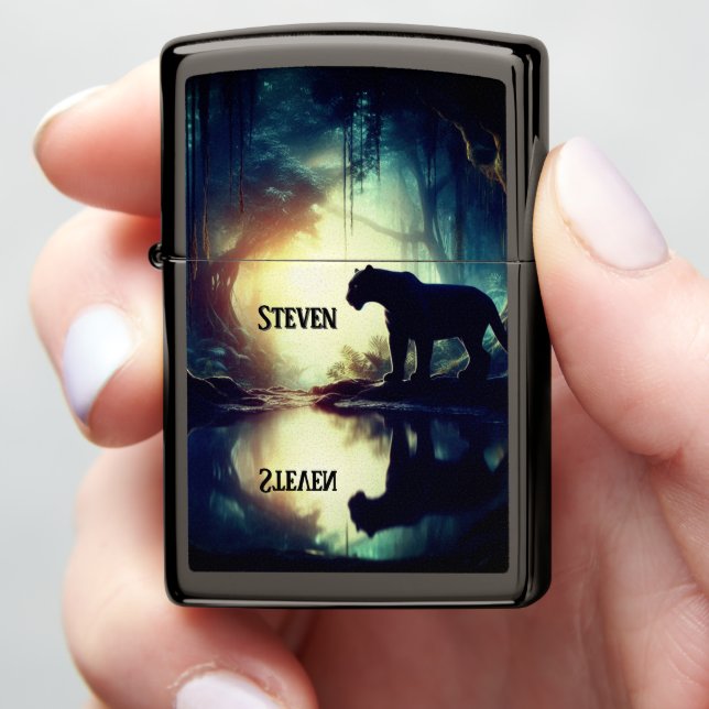 Black Panther Reflected in Water with Name Zippo Lighter (In Hand)