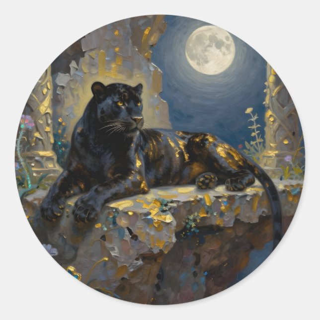 Black Panther under the Full Moon Classic Round Sticker (Front)