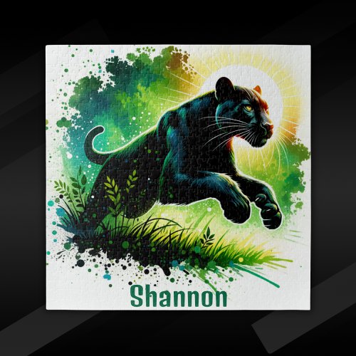 Black Panther with green surroundings Monogram  Jigsaw Puzzle