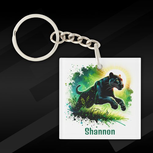 Black Panther with green surroundings Monogram  Keychain