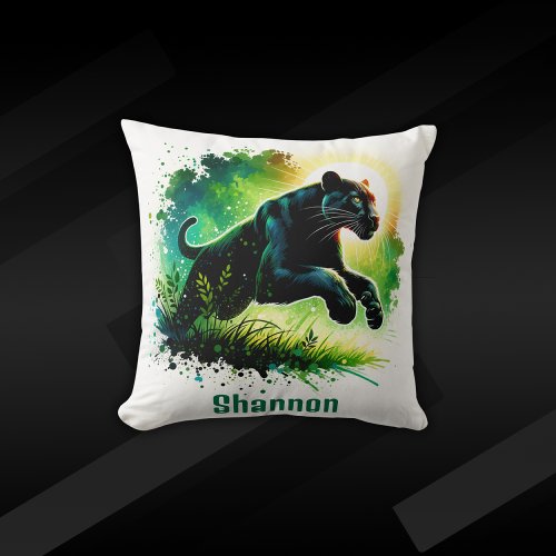 Black Panther with green surroundings Monogram  Throw Pillow