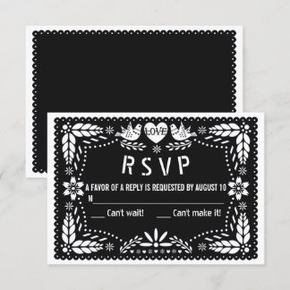 Black papel picado love birds and flowers wedding  RSVP card