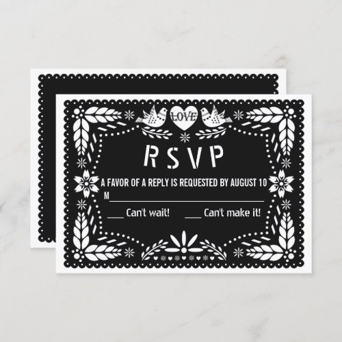 Black papel picado love birds and flowers wedding  RSVP card