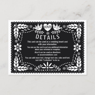 Black papel picado love birds wedding details enclosure card