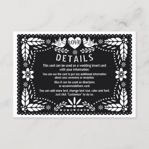 Black papel picado love birds wedding details enclosure card