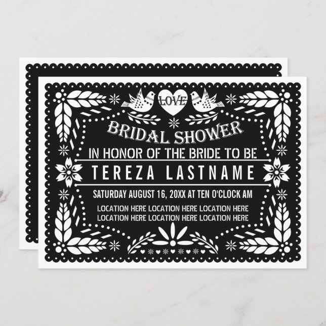 Black papel picado love wedding bridal shower invitation (Front/Back)