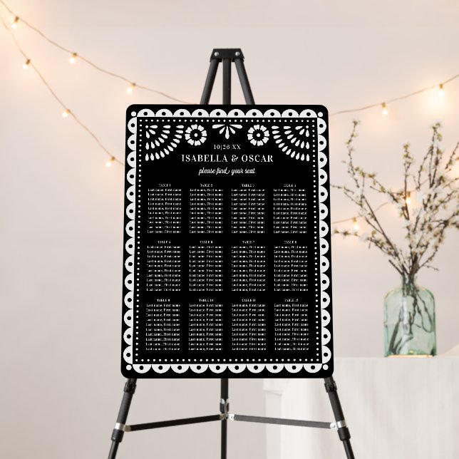 Black Papel Picado Wedding Reception Seating Sign (In Situ (Stand))