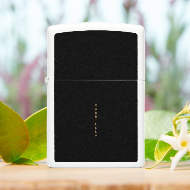 Black Paper Texture & Gold Minimal Vertical Name Zippo Lighter (On Table)