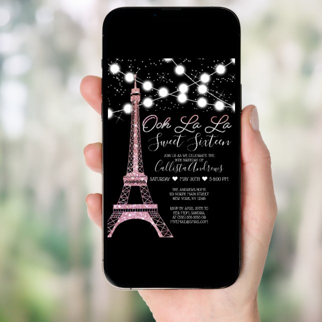 Black Paris Eiffel Tower Glitter Lights Sweet 16 Invitation (Front Digital)