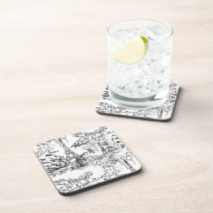 Black Paris Eiffel Tower Toile  Beverage Coaster