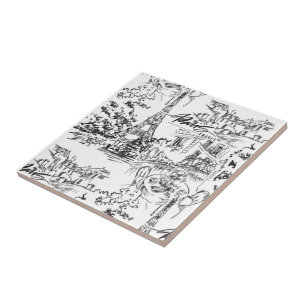 Black Paris Eiffel Tower Toile  Ceramic Tile