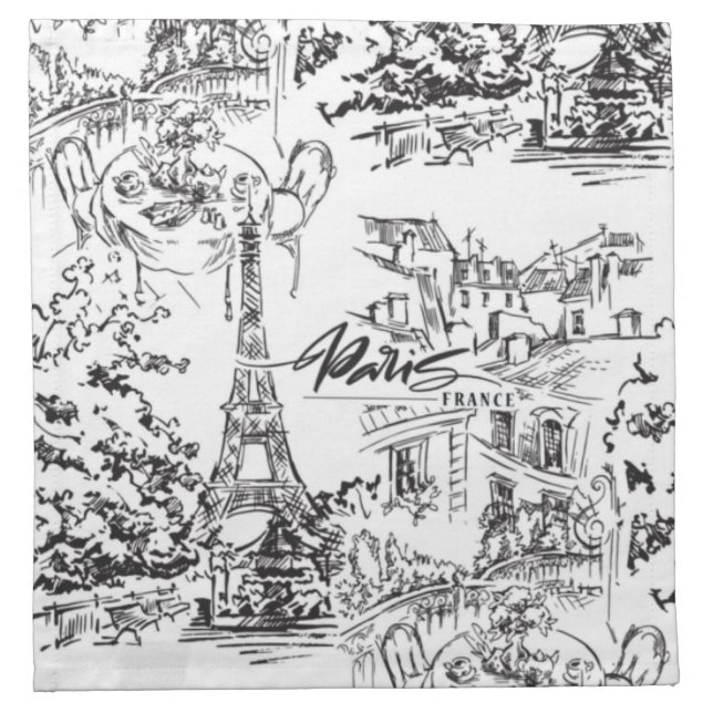 Black Paris Eiffel Tower Toile  Cloth Napkin (Front)
