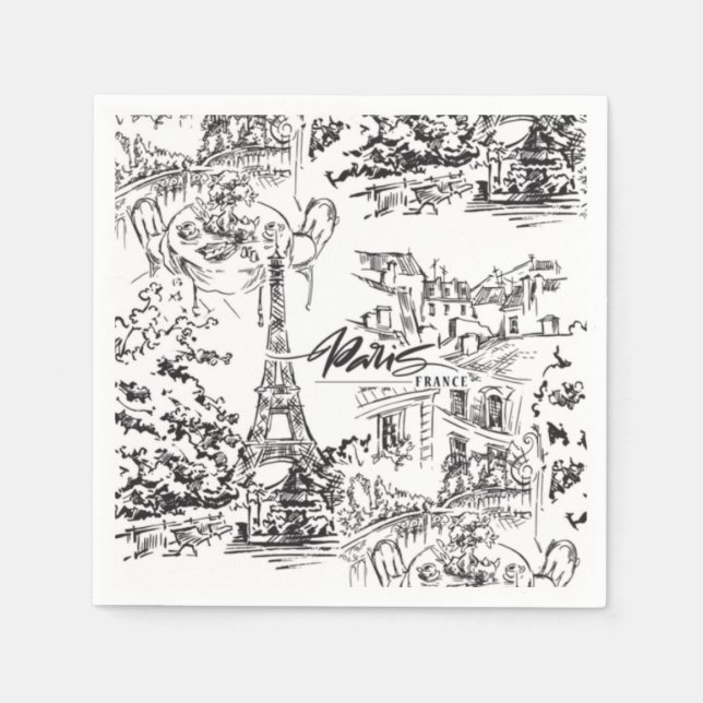 Black Paris Eiffel Tower Toile  Napkins (Front)