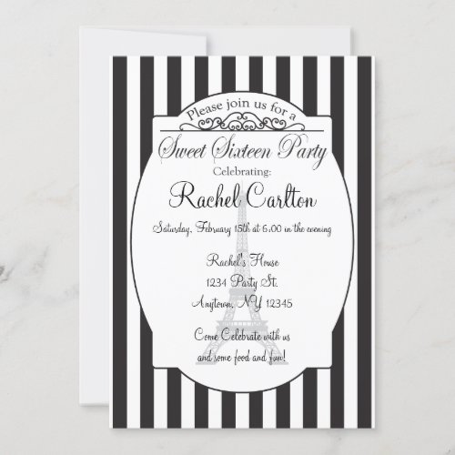 Black Paris Theme Sweet Sixteen Party Invitation