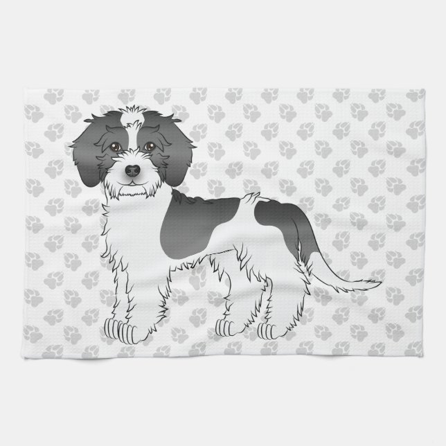 Black Parti-color Mini Goldendoodle Dog & Paws Kitchen Towel (Horizontal)