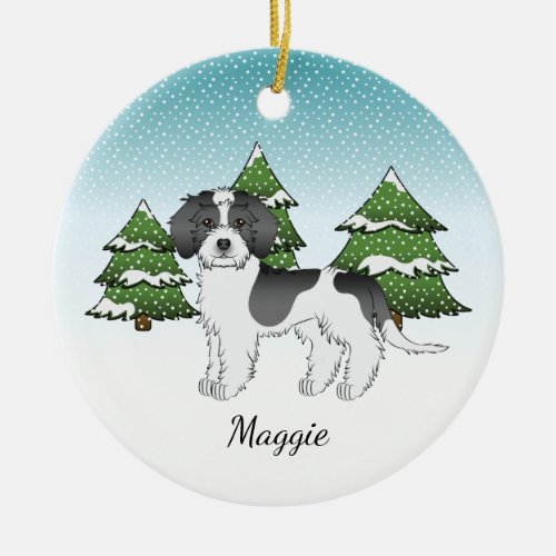 Black Parti_color Mini Goldendoodle Winter Forest Ceramic Ornament