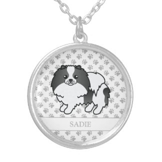 Black Parti-Color Pomeranian Cartoon Dog &amp; Name Silver Plated Necklace