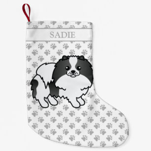 Black Parti-Color Pomeranian Cartoon Dog & Name Small Christmas Stocking
