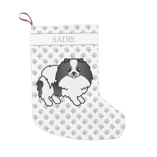 Black Parti-Color Pomeranian Cartoon Dog &amp; Name Small Christmas Stocking