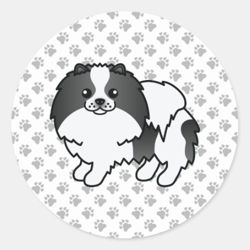 Black Parti_Color Pomeranian Cartoon Dog  Paws Classic Round Sticker